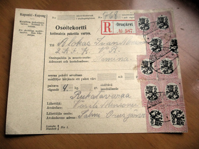 1924 Orusjärvi R osoitekortti sotilaalle Haminaan
