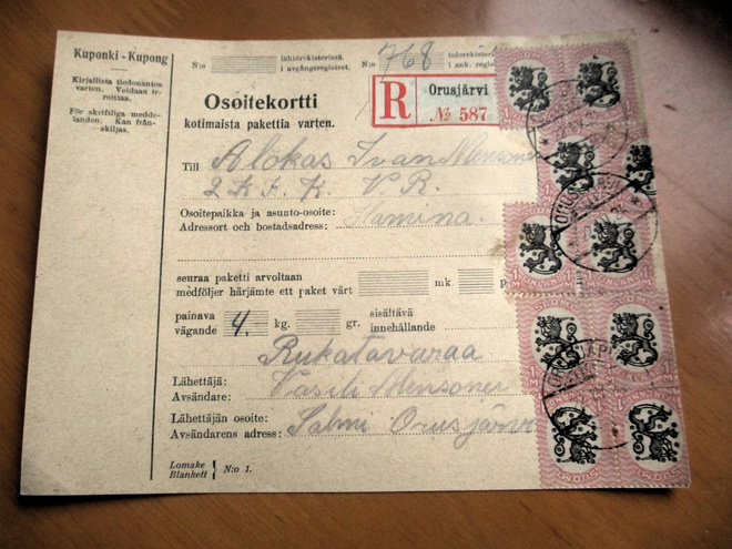 1924 Orusjärvi R osoitekortti sotilaalle Haminaan