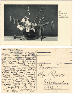 Vanha kortti, pajunkissat ja lumikellot maljakossa, v. 1941