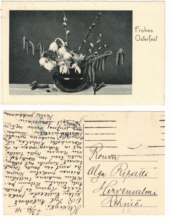Vanha kortti, pajunkissat ja lumikellot maljakossa, v. 1941