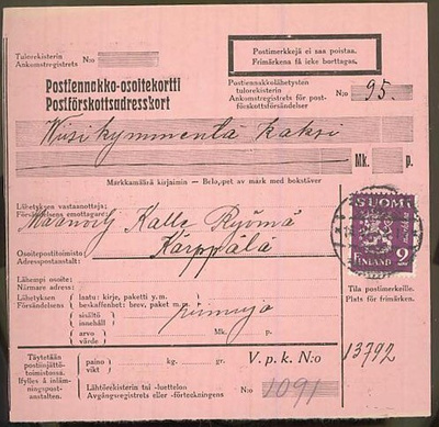 M30 1932 2mk viol.leijona postiennakkovapaakirje