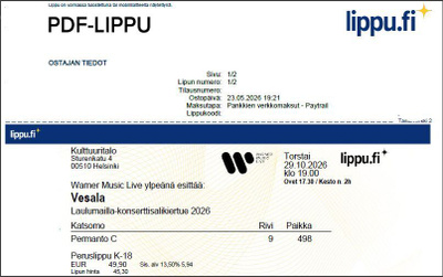 Kaksi lippua Vesalan konserttiin 29.10.2026