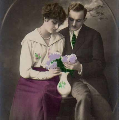 RAKKAUS / Suloinen tyttö ja nuori mies rakastuneina. 1900-l.