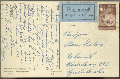 1947 Säästöpankki 150v postikortti lentopostissa CSRään