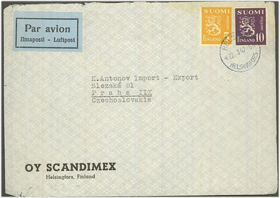 1947 10mk violetti leijona ym lentokirje CSR:ään