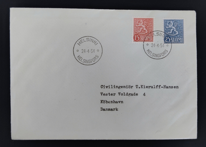 1954 FDC Leijona yleismerkit 15 mk ja 25 mk
