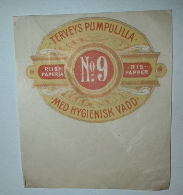 Riisipaperia N:o 9 terveyspumpulilla, vanha etiketti