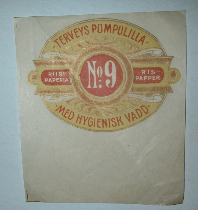 Riisipaperia N:o 9 terveyspumpulilla, vanha etiketti
