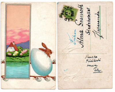 Vanha kohokortti, maisema ja pupu ja muna, v. 1911