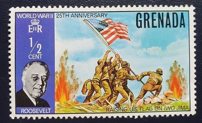 Iso Grenada-postimerkki: Roosevelt ja Iwo Jiman valtaus