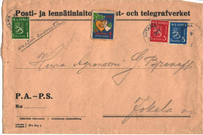 POSTILÄHETYS SIITAMA-JOKELA+JOULUMERKKI 1945  (9mk)