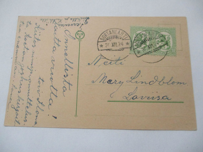 1924 Sortanlahti rikkoutunut leimasin kortilla