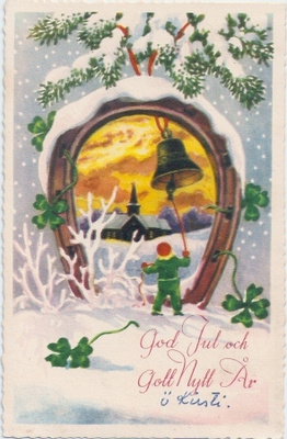 Tonttu soittaa kelloa, hevosenkenkä, neliapilat