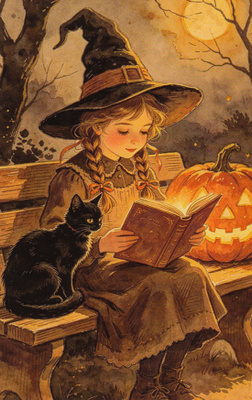 Halloween noitatyttö istuu penkillä ja lukee kirjaa