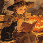 Halloween noitatyttö istuu penkillä ja lukee kirjaa - pikkukuva 1
