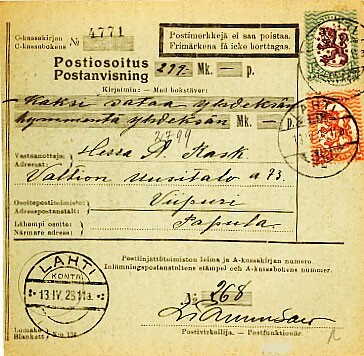 1928 postiosoitus Lahdesta Viipuriin