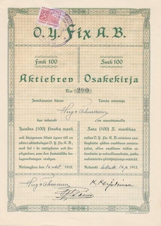 OKK 1918 Oy Fix Ab, Helsinki  osakekirja