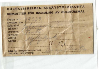 Kultaesineiden keräystoimikunta kuitti 14339 lahjoituksesta