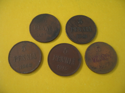 5 kpl 5 penniä - 1875-1917