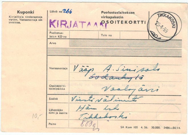 1959 Puolustuslaitoksen virkapaketin osoitekortti - kirjatti