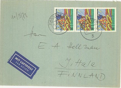 Berlin Mi 387 3-rivilö lentokirje Suomeen