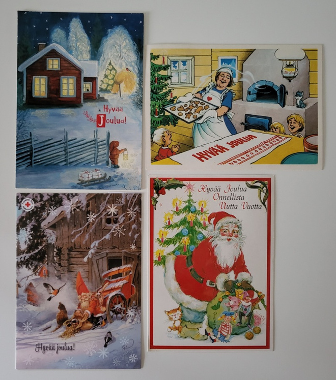 4 kpl joulukortti, kulkenut, kuvassa kissa