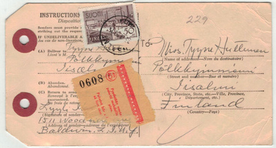 M30 1942 50mk ulk.postipaketun tullaus 1957