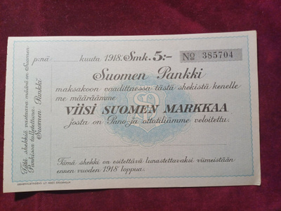 Viisi Suomen markkaa. Suomen pankki. Shekki 1918