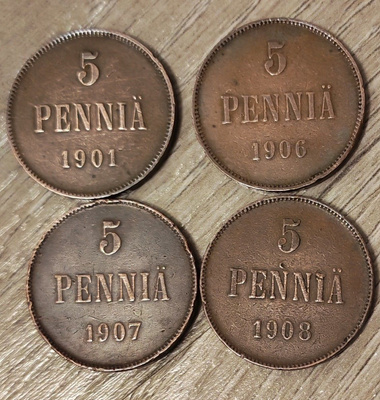 5 PENNIÄ 4kpl v.1901,1906,1907,1908