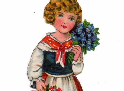 WANHA / Juhla-asuinen tyttö ja kukkakori. 1930-l.