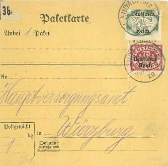 Saksa 1920 virkapakettikortti