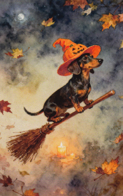 Halloween mäyräkoira lentää luudalla