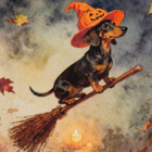 Halloween mäyräkoira lentää luudalla - pikkukuva 1