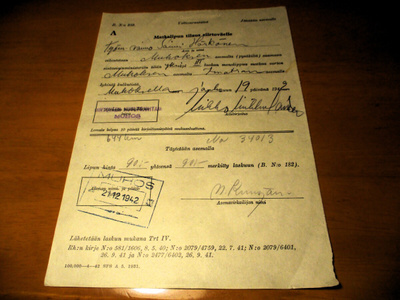 1942 Muhos matkalipun tilaus siirtoväelle