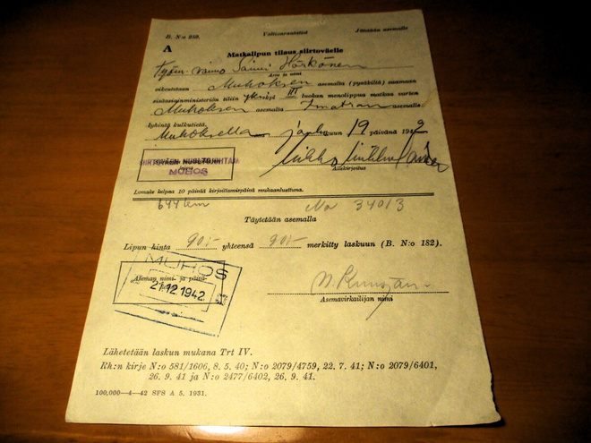 1942 Muhos matkalipun tilaus siirtoväelle
