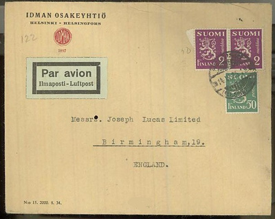 1935 lentokirje Englantiin