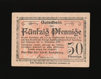 Saksa Notgeld 50 Pfennig, Annaberg 1918 XF-
