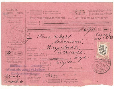 1917 1mk vapaakirjeen postiennakkomaksuna