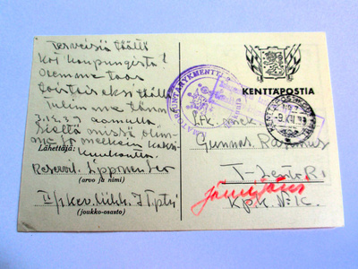 1939 Kortti lentokonemekaanikolle Lentorkm Jänisjärvelle