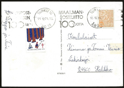 Tub Joulumerkki 1974 Metsätontut kortilla viestillinen