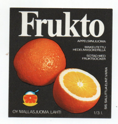 Mallasjuoma. FRUKTO Appelsiinijuoma. Etiketti