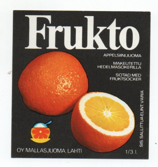 Mallasjuoma. FRUKTO Appelsiinijuoma. Etiketti