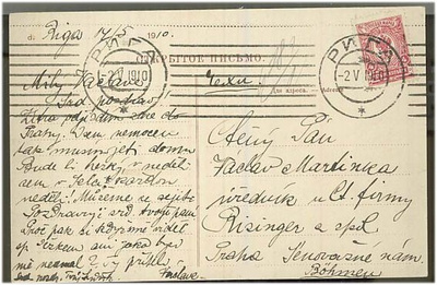Latvia 1910 postikortti Riikasta Böömiin