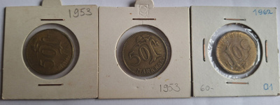 50mk kolikot, 2x1953 ja 1x1962.