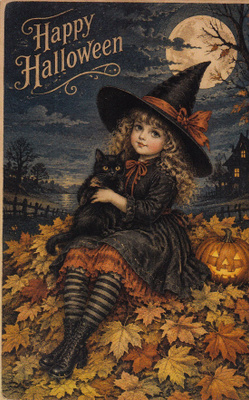 Halloween tyttö mustan kissan kanssa