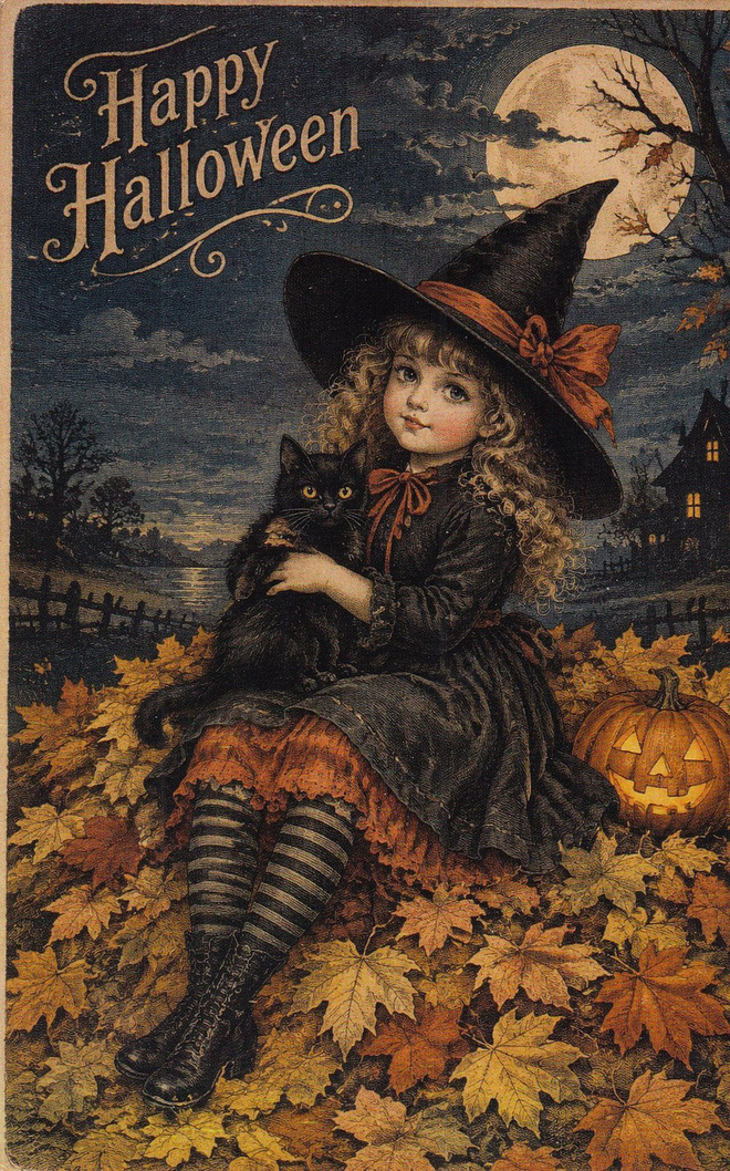 Halloween tyttö mustan kissan kanssa