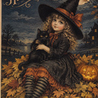 Halloween tyttö mustan kissan kanssa - pikkukuva 1