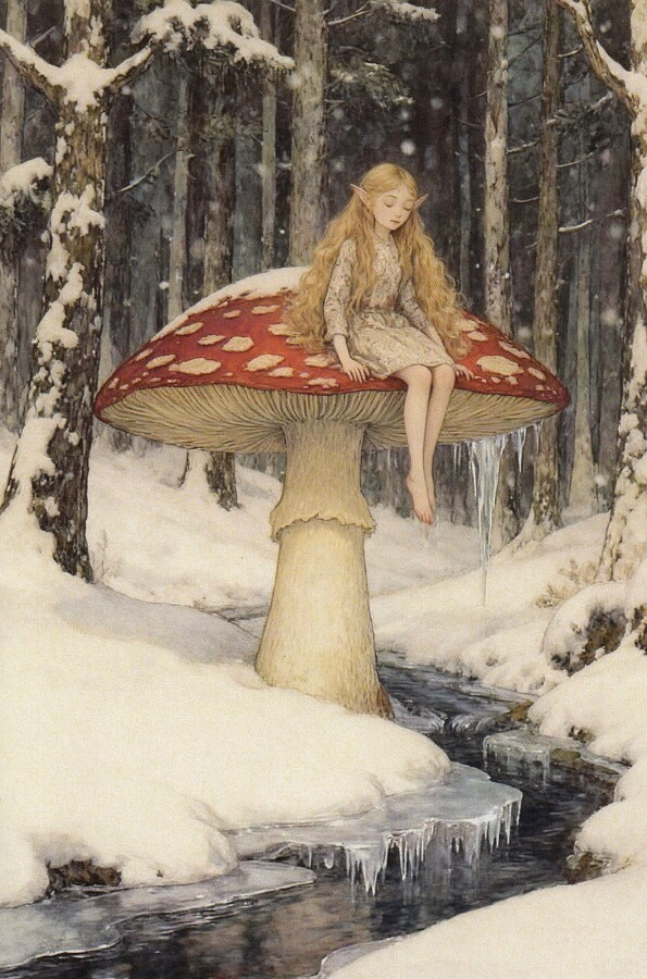 Metsäkeiju istuu sienen päällä