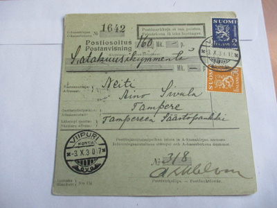 1930 Viipuri Kontr. postiosoitus Tampereelle
