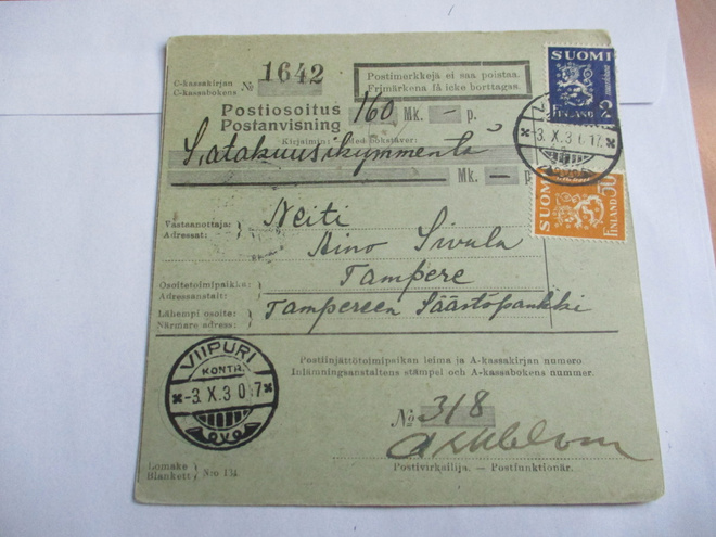 1930 Viipuri Kontr. postiosoitus Tampereelle